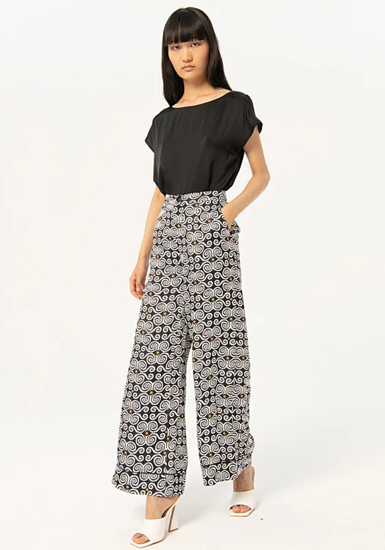 Surkana Satin Print Wide Leg Trousers, Black Trousers versatile all-occasion