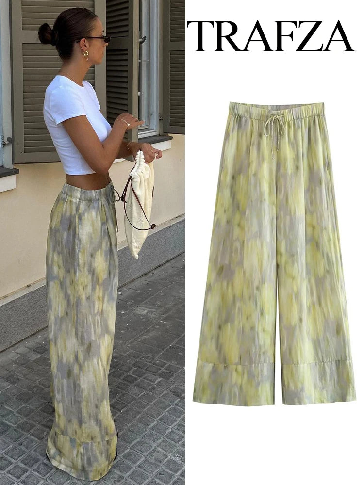 Woman Fashion Vintage Printed Trousers Summer Woman Tie-dye Patchwork Pants Wide Leg Loose Fit Mid Waist