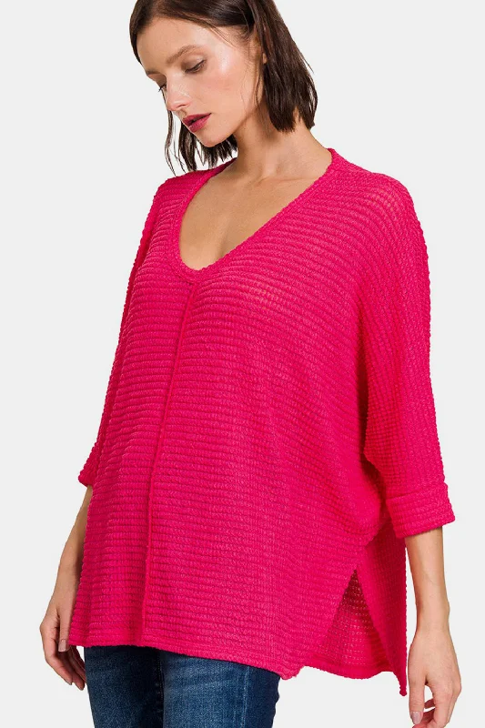 V-Neck High-Low Jacquard Knit Top Navy Blue Knit Tee