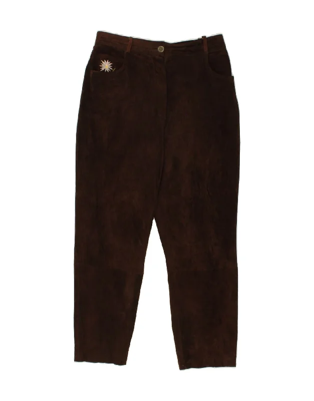 VINTAGE Womens Suede Tapered Trousers IT 42 Medium W30 L29 Brown Floral Trousers Solid Black