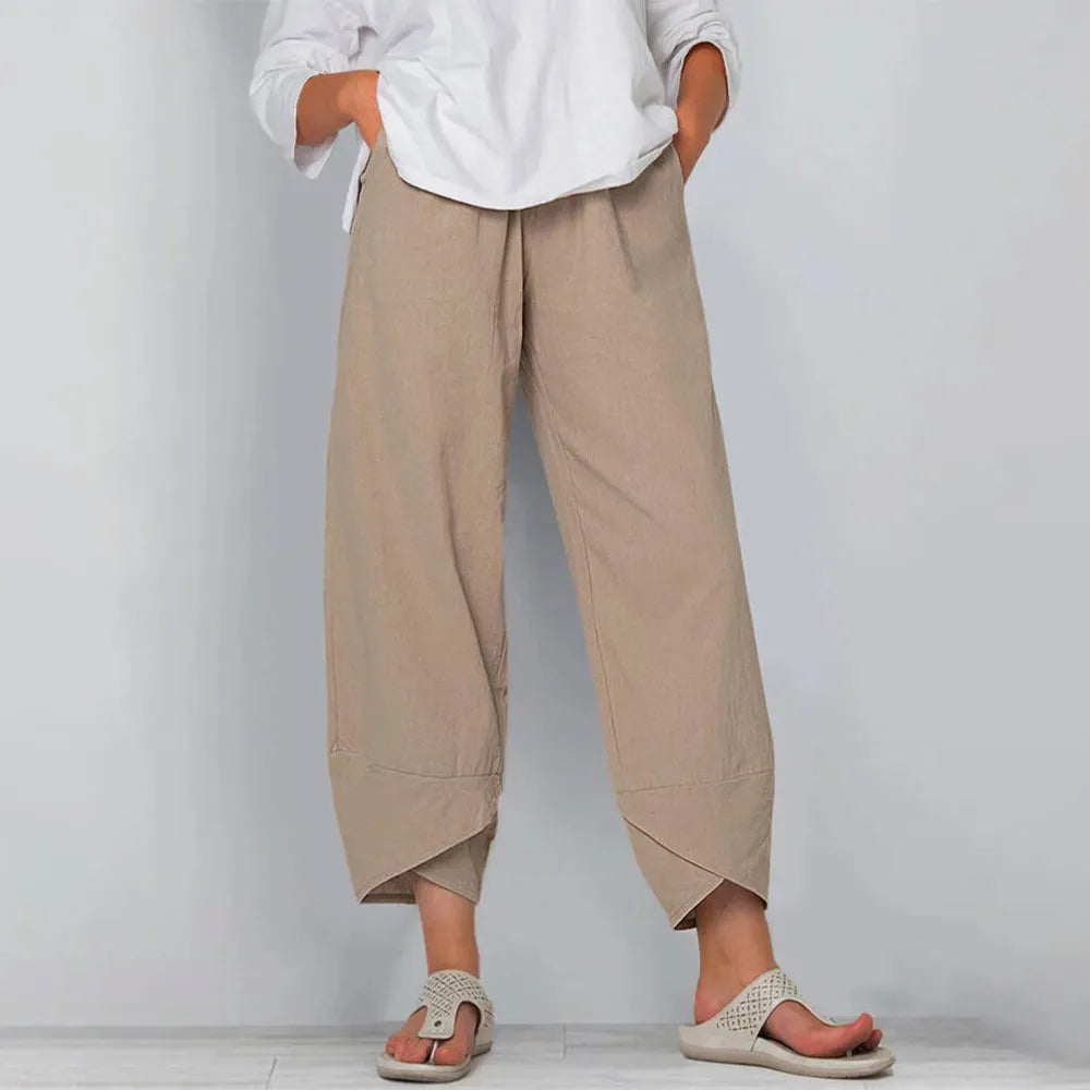 Women Cotton Linen Harem Pants Vintage Printed Wide Leg Trousers Casual Solid Pockets Trousers Leather Faux