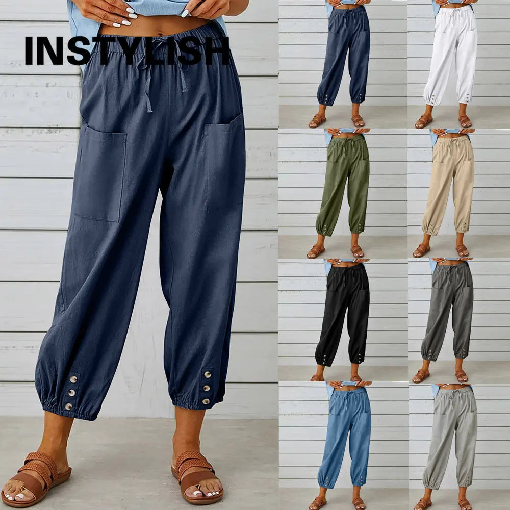 Women Cotton Linen Pants 2023 Autumn Solid Color Elastic Waist Loose Straight Trousers Trousers Canvas Durable