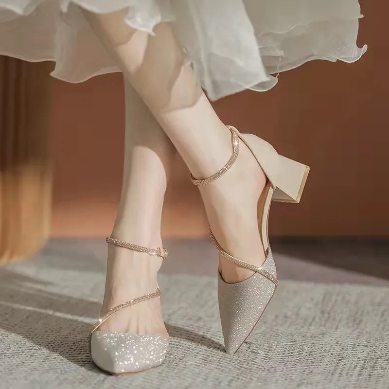 Women Shiny Crystal High Heels Pumps Shoes Summer Ankle Straps Thick Heeled Sandal Woman Pointed Toe Party Dress Shoes Tunics Distressed trendy
