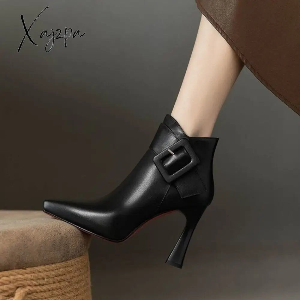 Xajzpa - Women's Boots Winter High Heel Boots Fashion Zipper Boots for Women Sexy Thin Heels Dress Shoes Commute Boots Bottine Femme Tunics Satin smooth