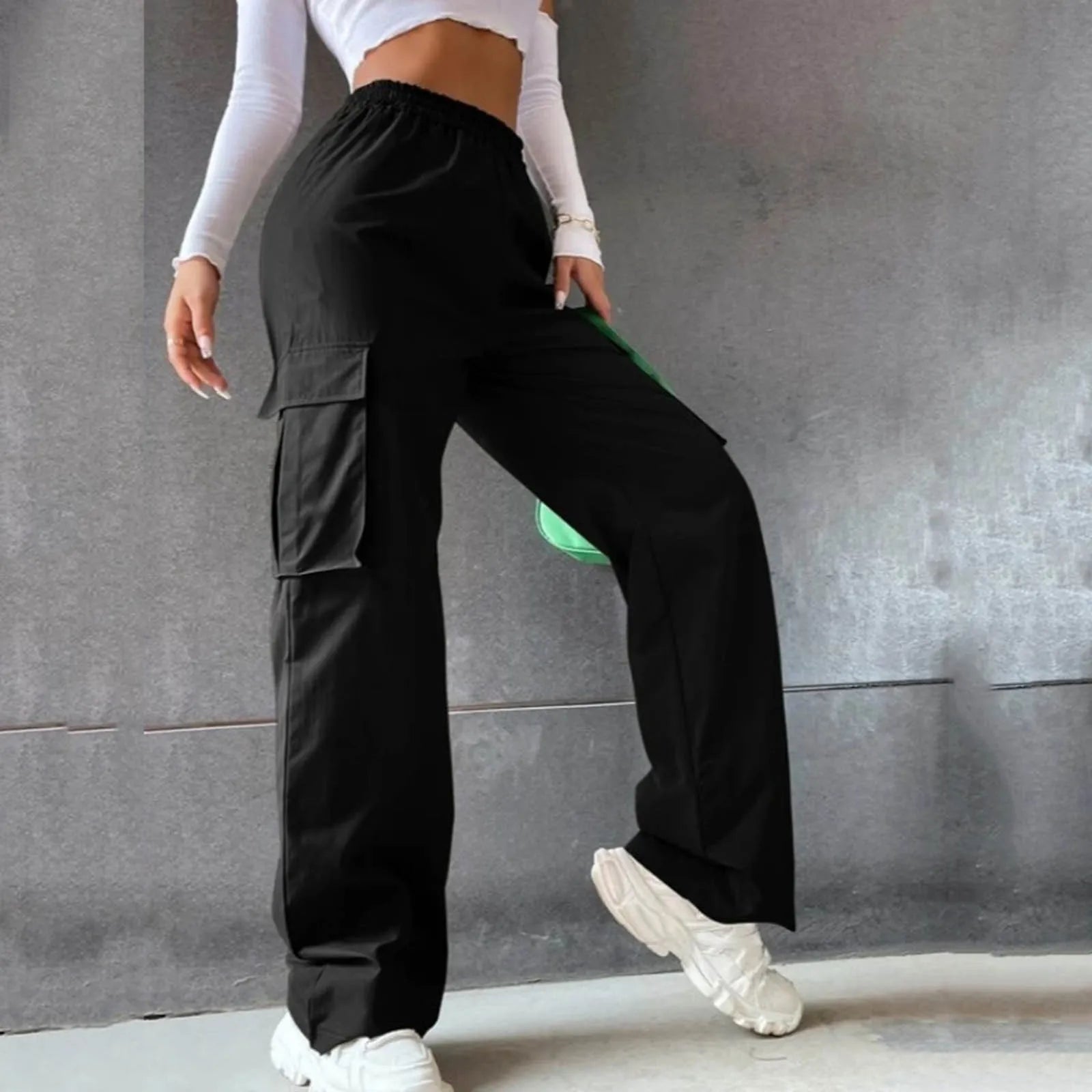 Womens Cargo Pants Elastic High Waist Wide Leg Trousers Straight Leg Joggers Trousers Leisure Comfortable