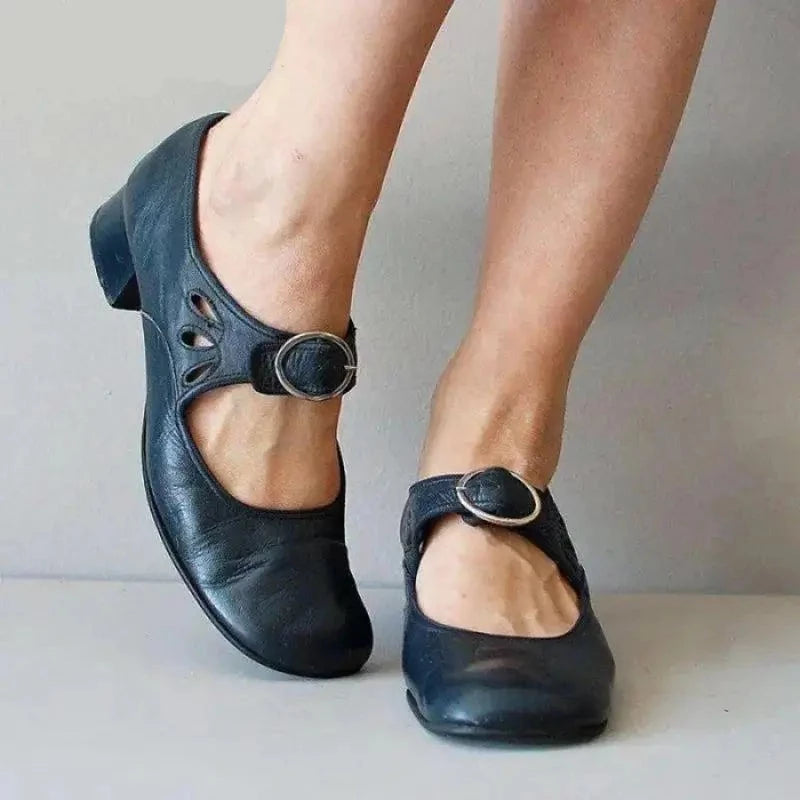 Women's Pumps Soft Leather Low Heel Mary Janes Shoes Vintage Casual Round Toe Office Comfortable Shallow Ladies Dress Loafers Turtleneck Neckline Stylish