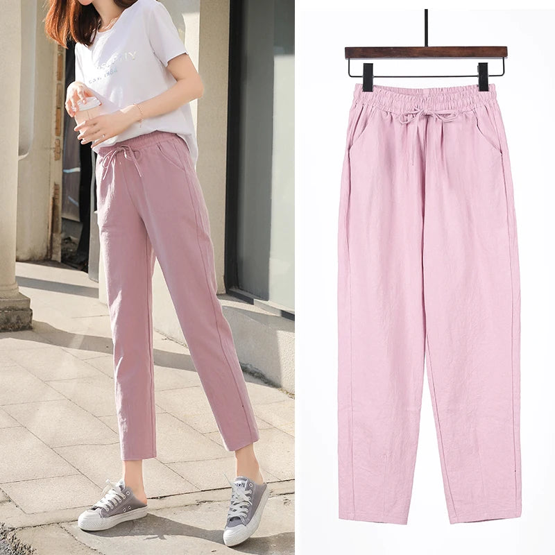 Womens Spring Summer Pants Cotton Linen Solid Elastic waist Candy Colors Harem Trousers Trousers Recommended Stylist