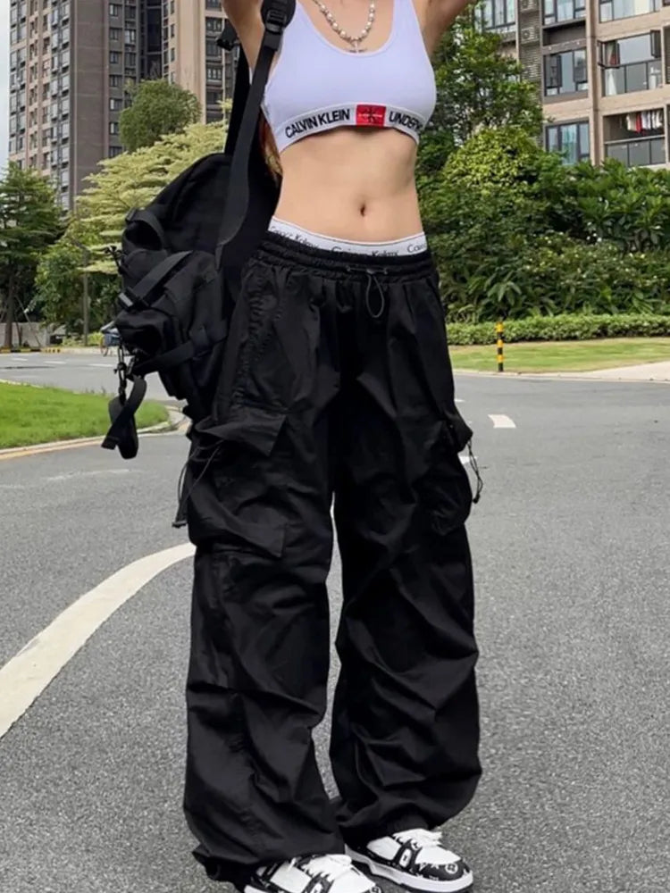 Y2K Parachute Black Pants Women Hippie Streetwear Oversize Pockets Cargo Trousers Trousers Satin Smooth