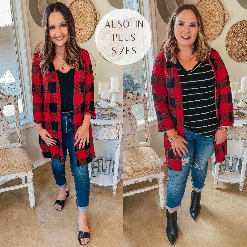 All Eyes On You Buffalo Plaid Cardigan in Red Welt Pockets Slit Pockets Flap Pockets