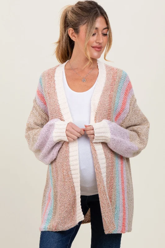 Beige Colorblock Stripe Knit Open Maternity Cardigan Faux Fur Fabric Real Fur Fabric Shearling Fabric