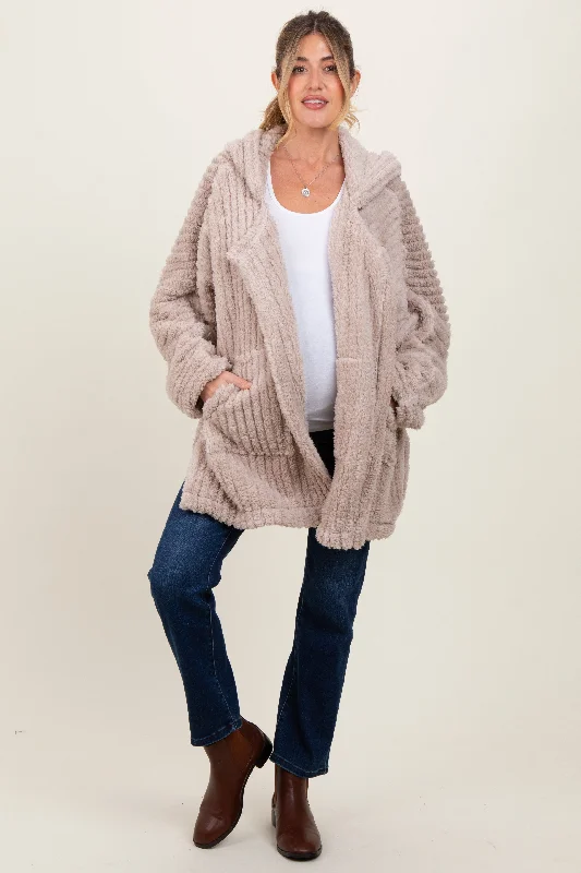 Beige Fuzzy Slit Hem Hooded Maternity Cardigan Faux Fur Fabric Real Fur Fabric Shearling Fabric