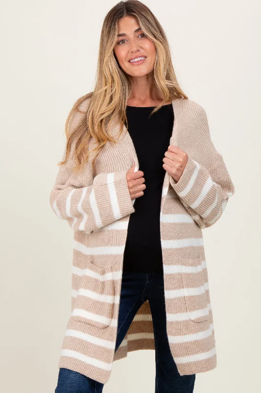 Beige Ivory Knit Striped Long Maternity Cardigan Stretchy Elastic Breathable