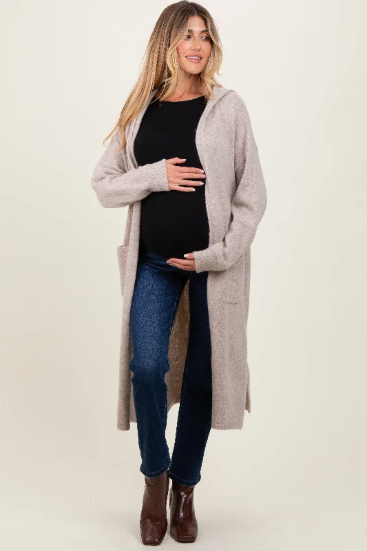 Beige Long Hooded Open Front Maternity Cardigan Long Cardigan Short Cardigan Medium Cardigan