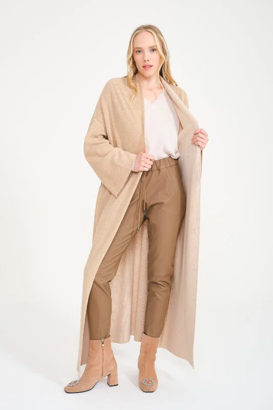 Beige Long Knit Cardigan Wool Fabric Cashmere Fabric Tweed Fabric