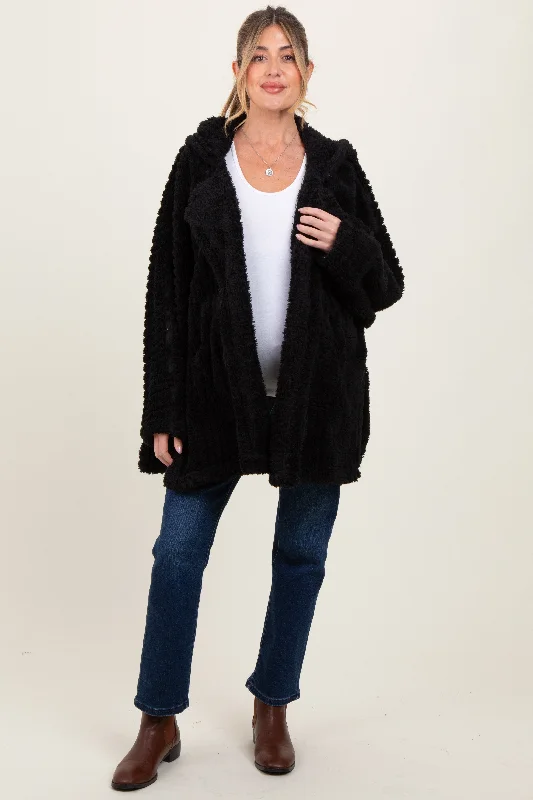 Black Fuzzy Slit Hem Hooded Maternity Cardigan Nylon Fabric Polyester Fabric Spandex Fabric