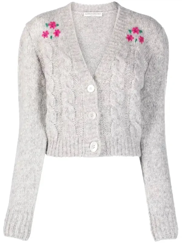 Cardigan With Flowers In Light Grey Open Front Closed Front Wrap Front