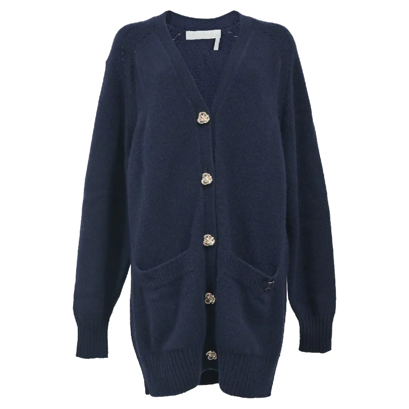 Chloe Generous V-Neck Button Down Cardigan in Navy Blue Cashmere Oversized Loose Flowy