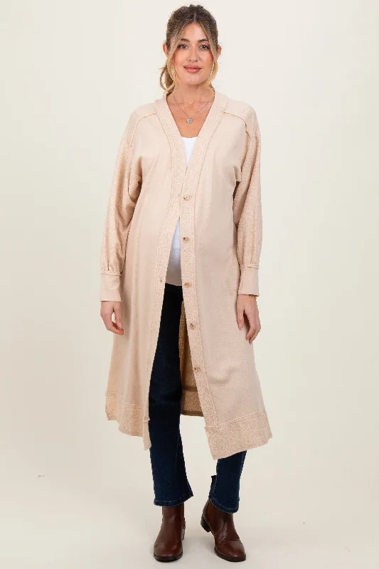 Cream Button Down Long Maternity Cardigan Silk Blend Satin Velvet