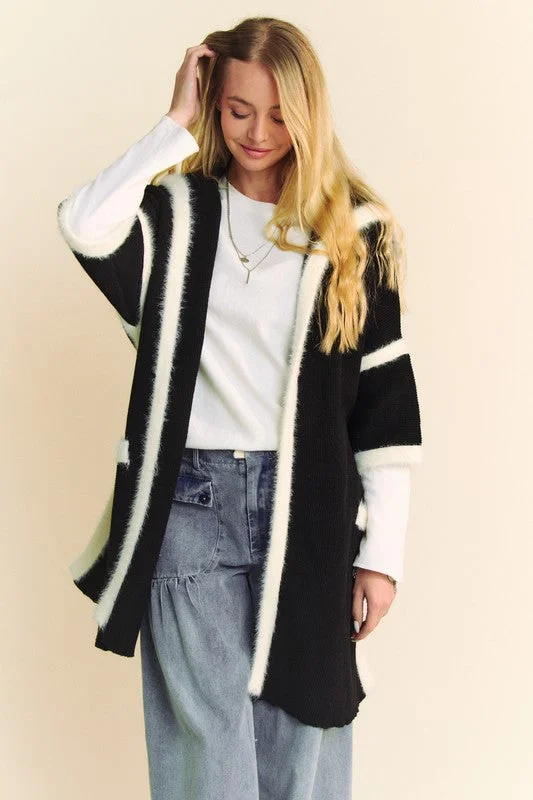 Davi & Dani Fuzzy Trim Open Front Loose Fit Cardigan Welt Pockets Slit Pockets Flap Pockets