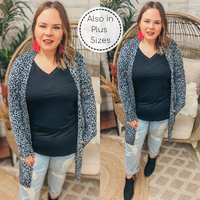 Last Chance S, M, & L | Put Me In The Spotlight Leopard Open Front Cardigan in Grey Cotton Fabric Linen Fabric Terry Fabric