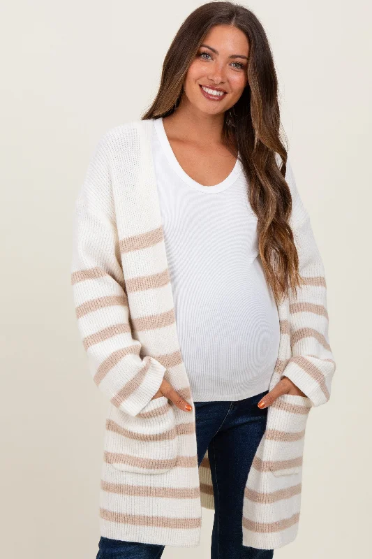 Ivory Beige Knit Striped Long Maternity Cardigan Thin Thick Dense