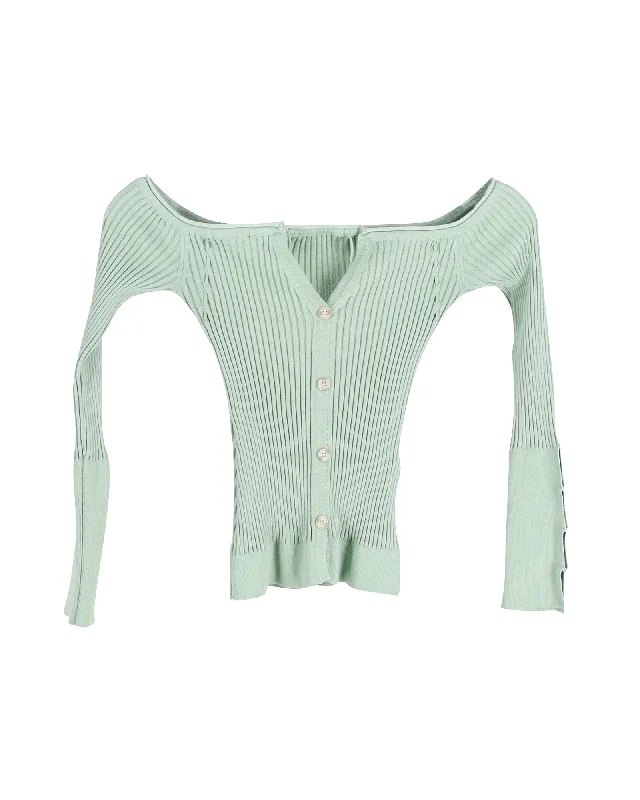 Jacquemus Tordu Cold-Shoulder Ribbed-Knit Cardigan in Green Viscose Terry Blend Velvet Blend Canvas Blend