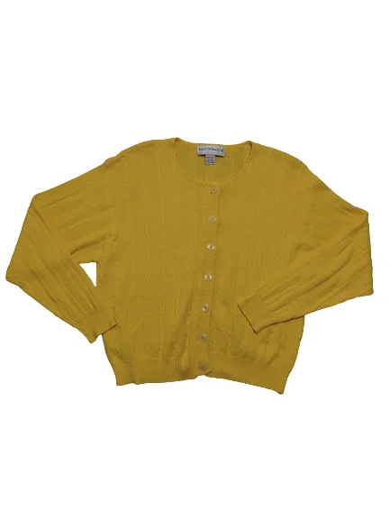 [L] Yellow Cable Knit Cardigan Ribbed Striped Patterned