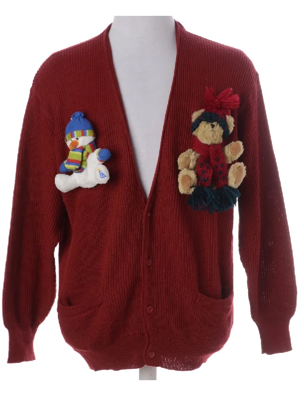 Label Novelty Christmas Cardigan Front Pockets Side Pockets Patch Pockets