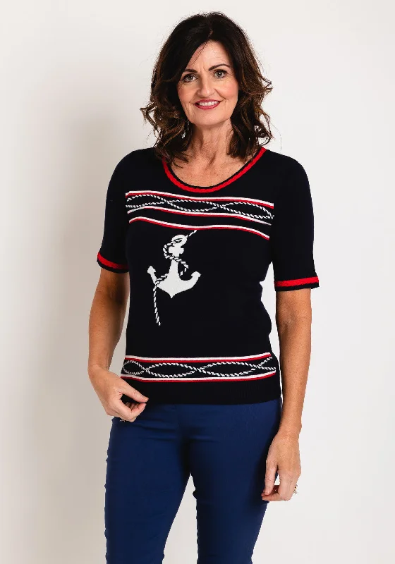 Leo & Ugo Boat Anchor Knit Top, Navy Emerald Green Knit Top
