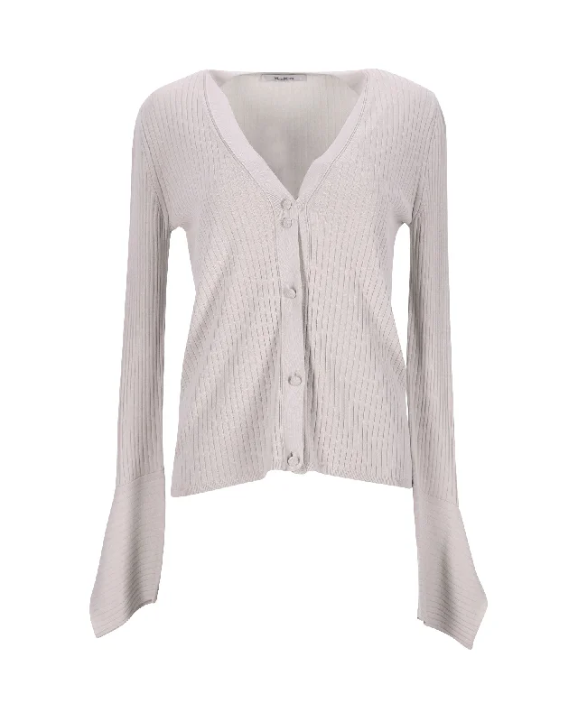 Max Mara Ribbed Knit Cardigan in Ecru Viscose Fitted Slim Tailored