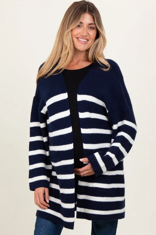 Navy Knit Striped Long Maternity Cardigan Modern Contemporary chic