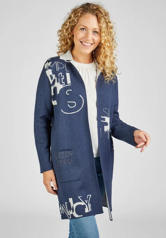 Rabe Lapel Collar Long Knit Cardigan, Navy Zippered Buttoned Snapped