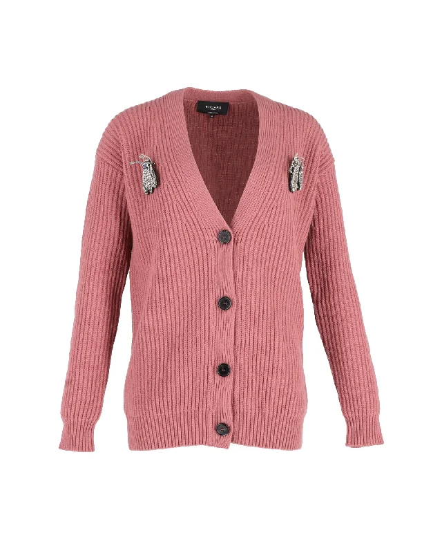 Rochas Bug Brooch Knitted Cardigan in Pink Cotton Wool Soft Cozy Warm