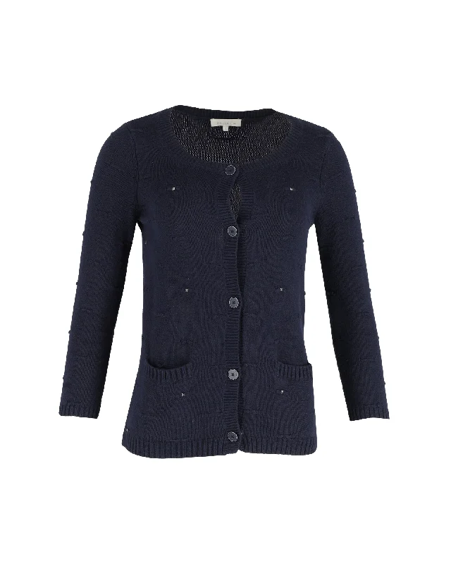 Sandro Paris Studded Cardigan in Navy Blue Cotton Stylish Fashionable Trendy