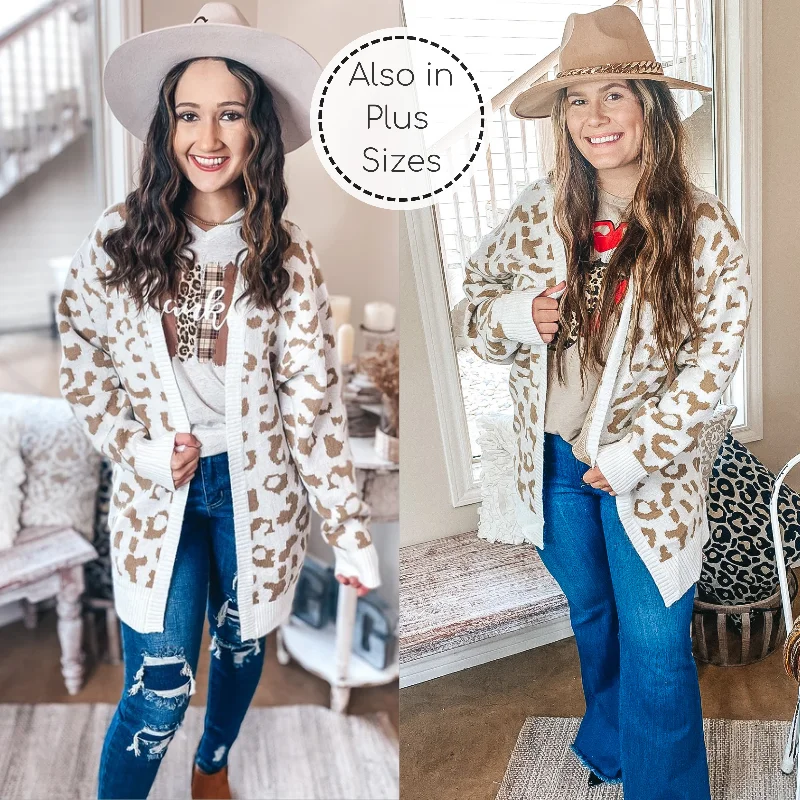 Missing You Taupe Leopard Long Sleeve Open Front Cardigan in Ivory Mesh Fabric Canvas Fabric Denim Fabric