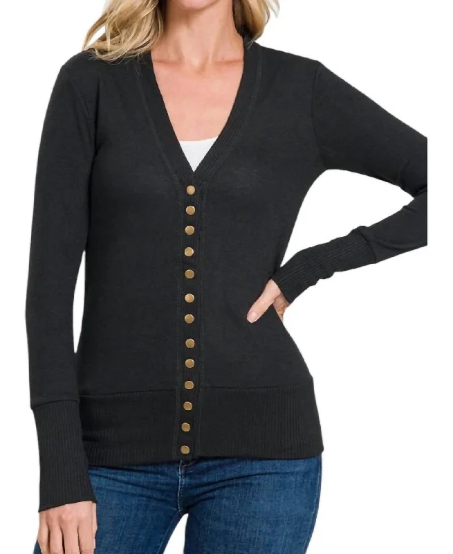 Torie Ribbed Detail Snap Button Cardigan In Black Spandex Blend Rayon Blend Denim Blend