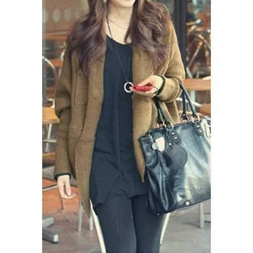 Batwing Sleeves Solid Color Short Cardigan - Coffee One Size Fitted Slim Tailored