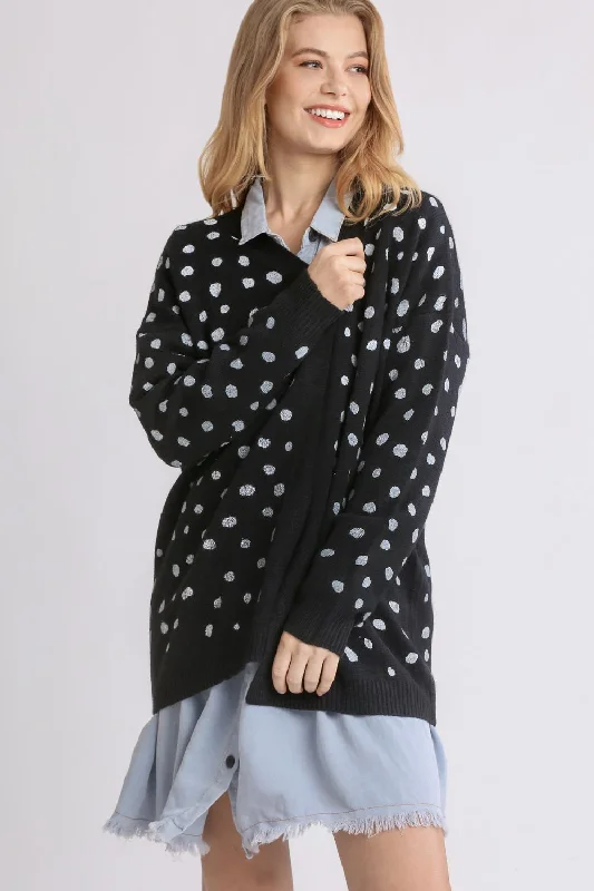 Umgee Polka Dot Open Front Drop Shoulder Cardigan Herringbone Houndstooth Plaid