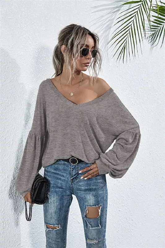 V-Neck Long Sleeve Dropped Shoulder Knit Top Eco-Friendly Knit Top
