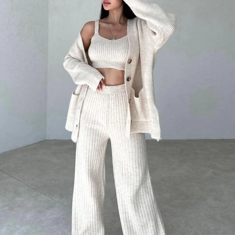 Women's Knit Pattern Sweater, Cardigan Vest and Pants Three Piece Outfit Set Print Jacquard Patchwork