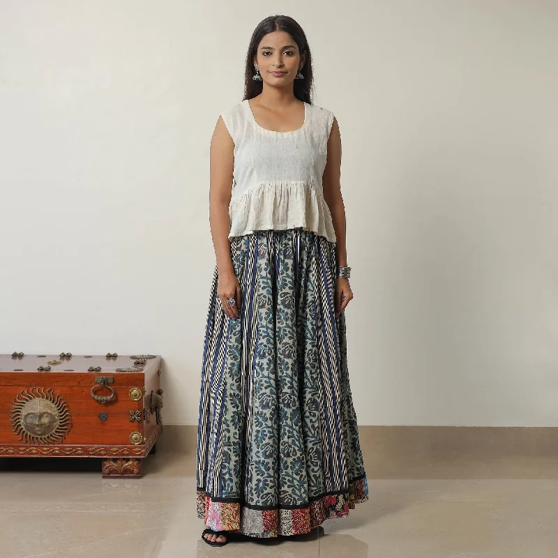 Multicolor - Bagru Block Printed 24 Kali Patchwork Cotton Long Skirt 14 elastic waist skirt