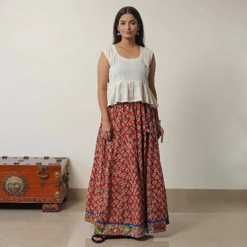 Red - Bagru Block Printed 24 Kali Patchwork Cotton Long Skirt 15 relaxed fit skirt