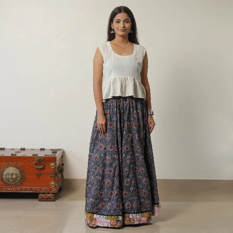 Blue - Bagru Block Printed 24 Kali Patchwork Cotton Long Skirt 17 lace skirt romantic