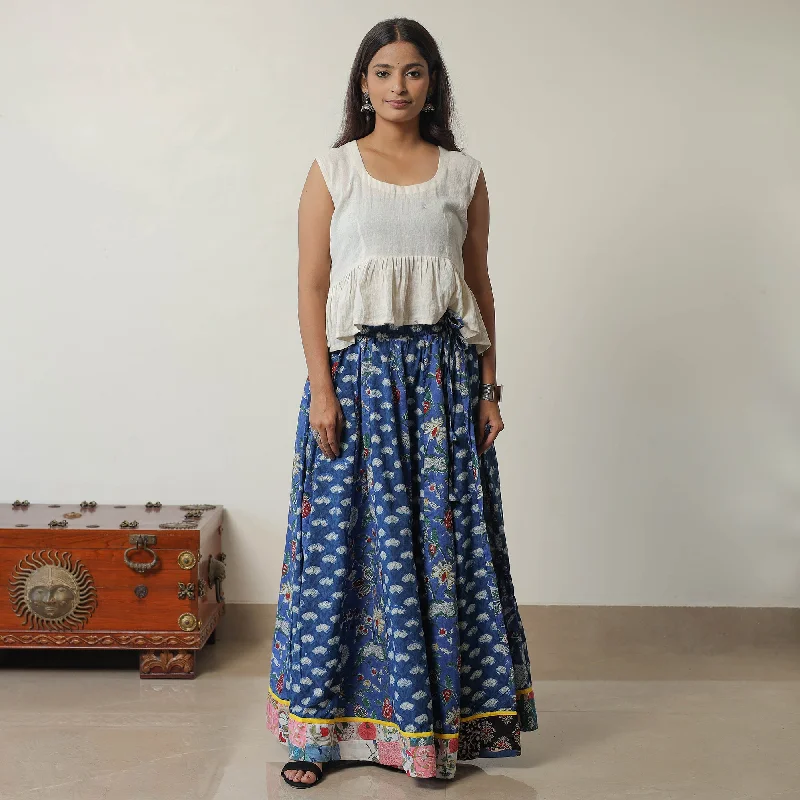 Blue - Bagru Block Printed 24 Kali Patchwork Cotton Long Skirt 18 pleated skirt texture