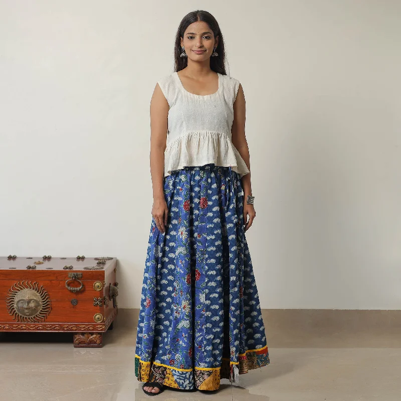 Blue - Bagru Block Printed 24 Kali Patchwork Cotton Long Skirt 19 linen skirt natural