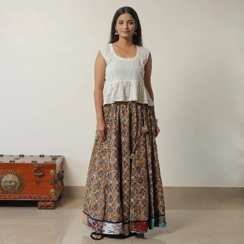 Brown - Bagru Block Printed 24 Kali Patchwork Cotton Long Skirt 25 chiffon skirt floaty