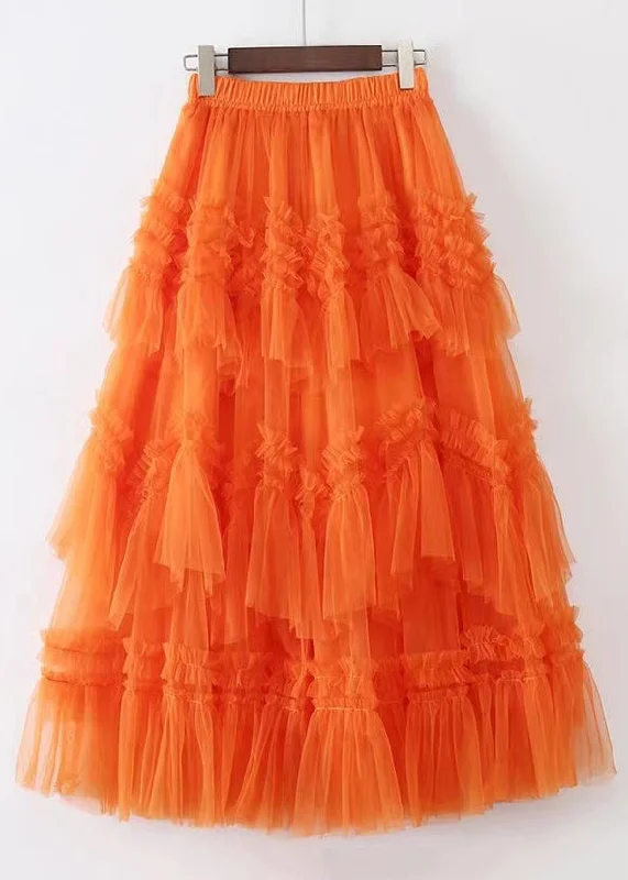 Art Orange Ruffled Elastic Waist Tulle Skirt Summer lightweight skirt design