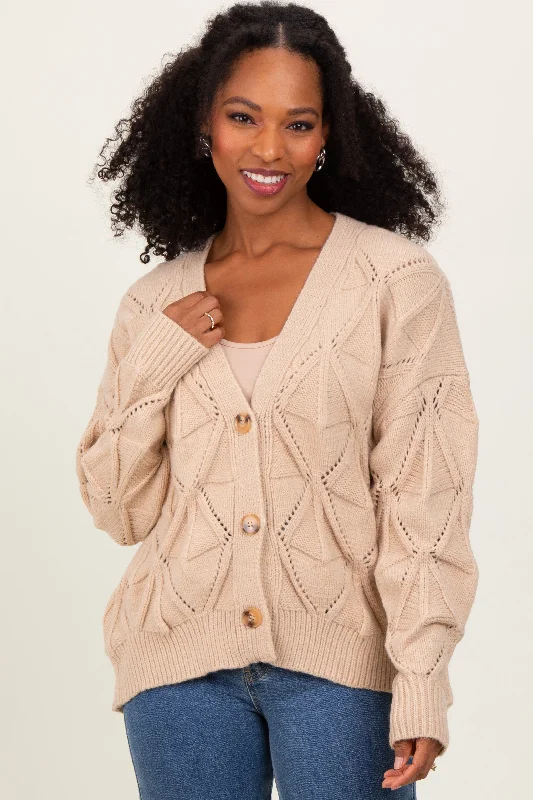 Beige Diamond Knit Button Up Sweater Cardigan Cardigan Knitwear Sweater