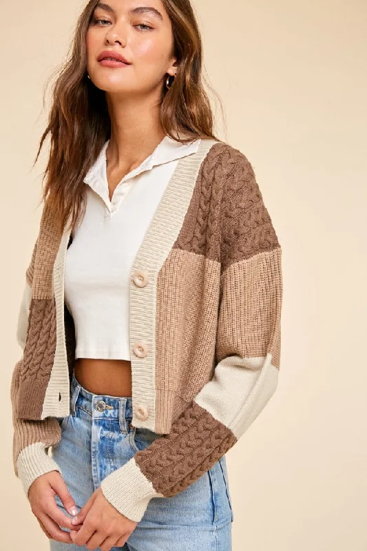 Beige Patchwork Color Block Cable Cardigan Lace Blend Ribbed Blend Corduroy Blend