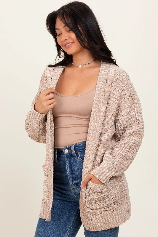 Beige Two Toned Oversized Cable Knit Cardigan Herringbone Houndstooth Plaid